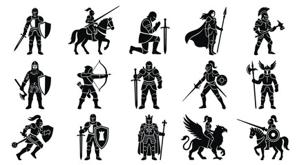 Obraz premium Medieval Knight and Warrior Silhouettes Set. Fantasy Historical Archer Soldier Figures Glyph Art Icons