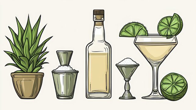 potted agave plant with bottle of pale spirit, two salt-topped shot glasses and a lime-garnished cocktail glass conveying a fresh festive summer mood