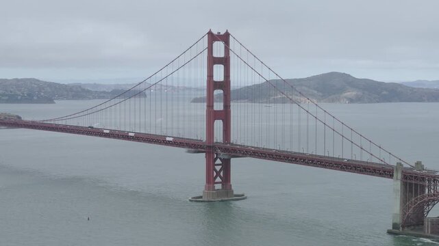 Golden Gate Bridge South Tower - Aerial Overcast Day With Bay Below