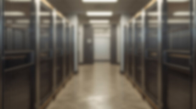 Blurred Modern Office Server Room Corridor.