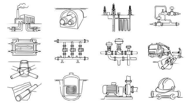 Industrial infrastructure schematic drawings: pipes, pumps, factory, tank, transformer, construction