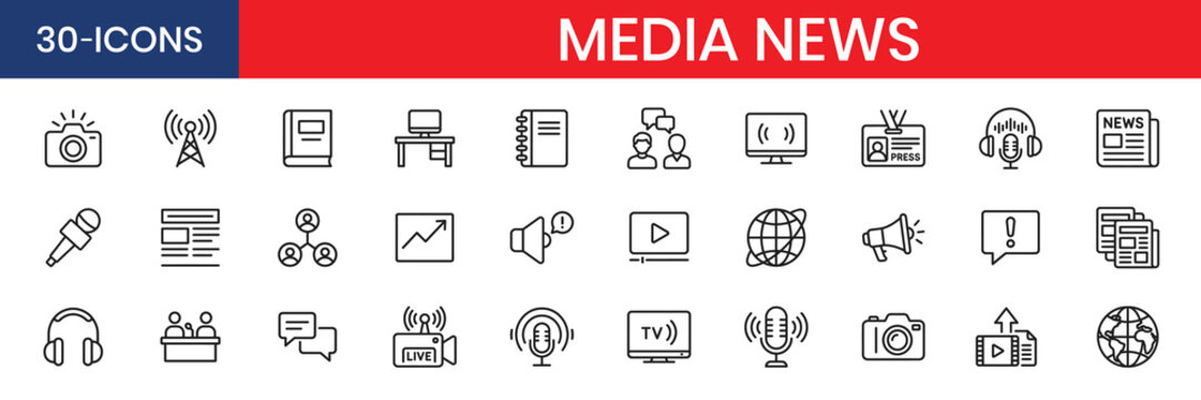 Media News Thin Line Icon Set