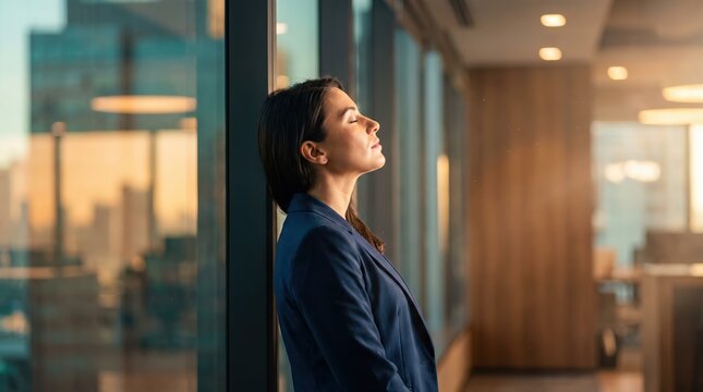 Professional businesswoman in blue blazer leaning against glass window with eyes closed in modern corporate office for workplace wellness and stress management