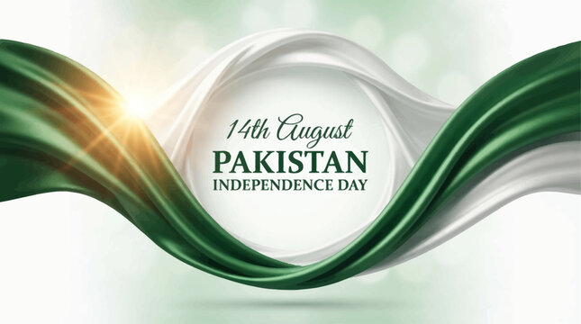 Pakistan flag theme white green wavy ribbon flow design on white background. 14 August Independence Day Pakistan text, color line flyng effect abstract background. Fabric folds web banner design
