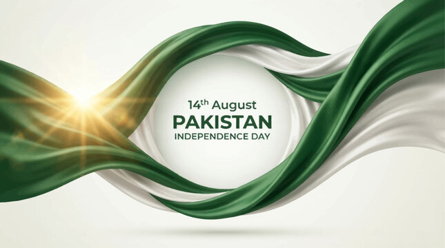 Pakistan flag theme white green wavy ribbon flow design on white background. 14 August Independence Day Pakistan text, color line flyng effect abstract background. Fabric folds web banner design
