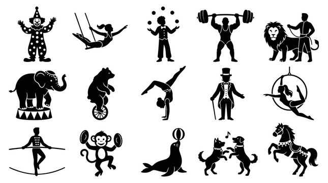 Circus icons set: clown, elephant, acrobat, lion, seal, horse, dogs, weightlifter, juggler, tightrope walker, unicyclist, ring performer, and ringmaster - Black and white vector glyphs