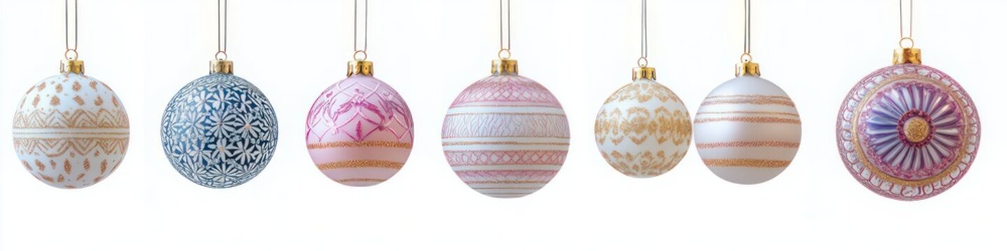Row of eight hanging decorative holiday baubles with intricate gold, blue, pink and purple patterns on a white background, elegant festive and peaceful mood