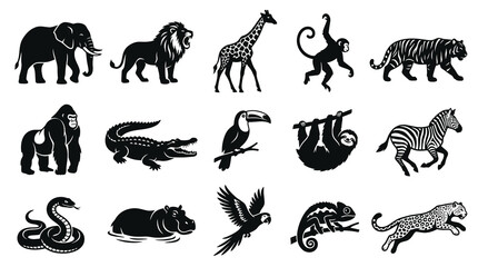 Obraz premium Black and White Vector Icons of Wild African Animals, Safari Animals, and Jungle Animals