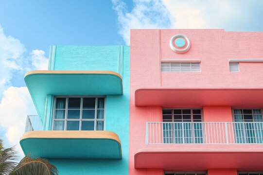 pastel turquoise and pink art deco building facade with rounded balconies, windows and palm frond against a bright blue sky and fluffy clouds, evoking a cheerful tropical retro mood