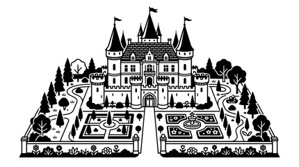 Fairytale Castle with Garden - Black and White Illustration © Tanir