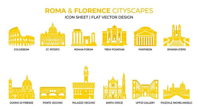 Rome and Florence Cityscape Icons - Famous Italian Landmarks Flat Vector Design