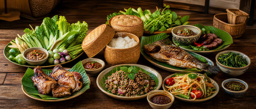 Traditional Lao food feast with sticky rice, grilled fish, and papaya salad