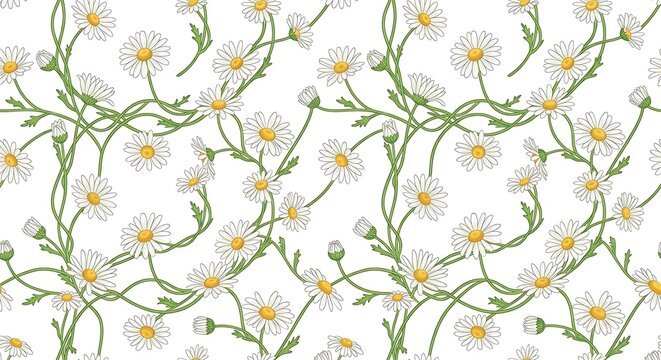 Seamless pattern of white daisy flowers and green winding stems