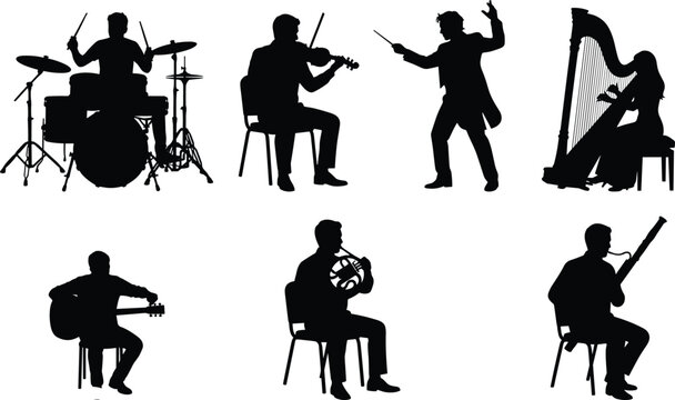 Orchestra and classical musicians performance silhouettes set with conductor, harp, violin, drums, and wind instruments.