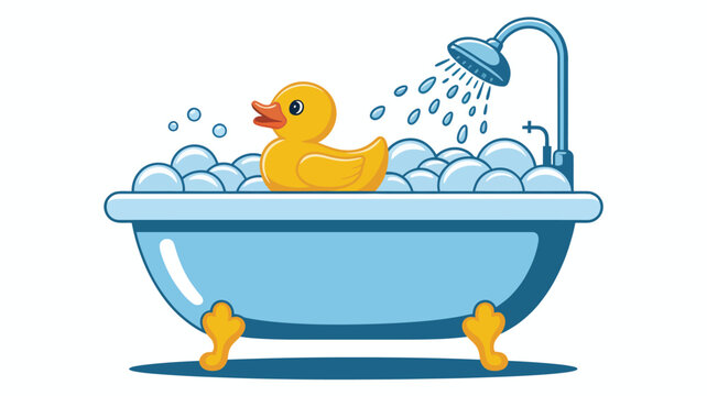 Bright yellow rubber duck enjoys a bubbly bath under a showering faucet in a classic tub