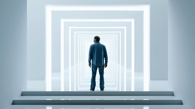 Full rear shot of lone male in casual blue shirt denim jeans standing in vast reflective white corridor with repeating glowing square archways, wide flat distant steps, bright cool white lighting