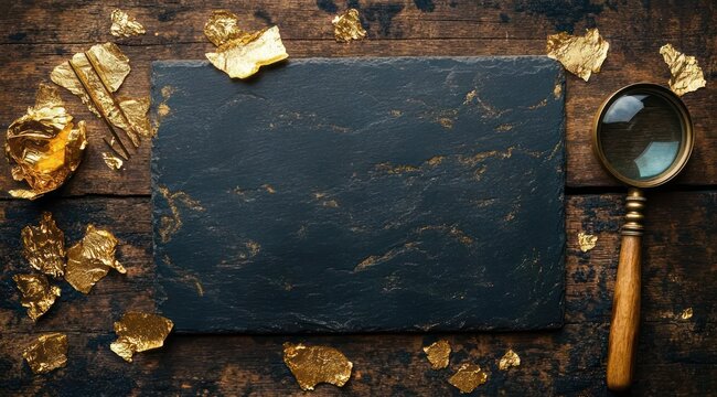 rustic still life with dark slate board, scattered gold leaf flakes and magnifying glass on aged wooden table conveying elegant curiosity