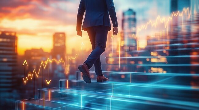 businessman in suit ascending illuminated digital stairs above a city skyline at sunset with rising financial graphs conveying ambition and progress