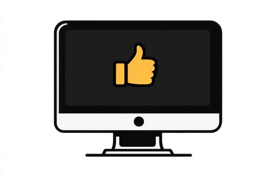 desktop computer monitor with a yellow thumbs up icon on screen conveying approval and positive feedback