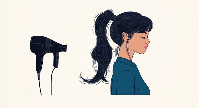 Illustration of a woman in a high ponytail with a blurred face beside a hair dryer, calm neutral mood