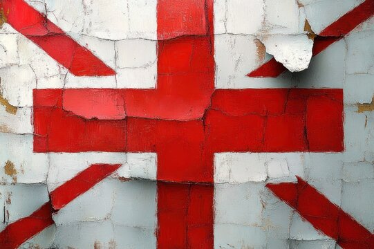 weathered red and white painted cross with diagonal stripes on cracked flaking metal panels, peeling paint and rust evoking decay and stubborn nostalgia