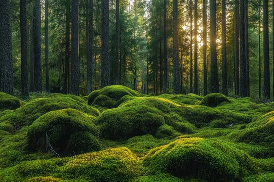 serene sunlit pine forest with soft mossy mounds carpeting the tranquil floor