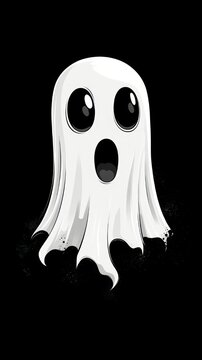 cartoon white ghost with large glossy black eyes and open oval mouth, tattered flowing sheet edges on black background conveying surprised spooky expression