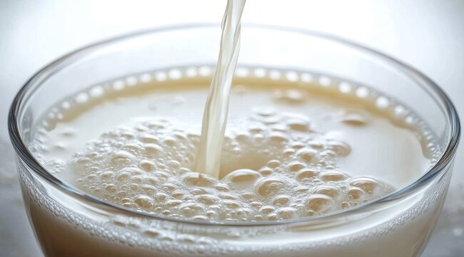 Close-up of milk being poured into a clear glass, creating frothy bubbles and creamy foam, fresh and comforting