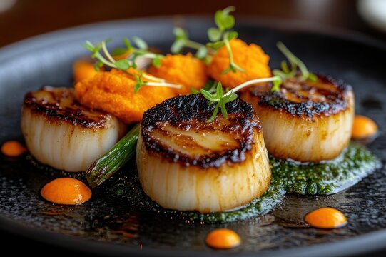mouthwatering pan-seared scallops with caramelized crust, orange puree, herb green sauce, microgreens and tender asparagus on a black plate