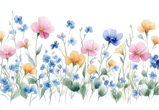 delicate pastel watercolor wildflowers in pink blue and peach with soft green leaves on white background conveying a serene cheerful spring mood