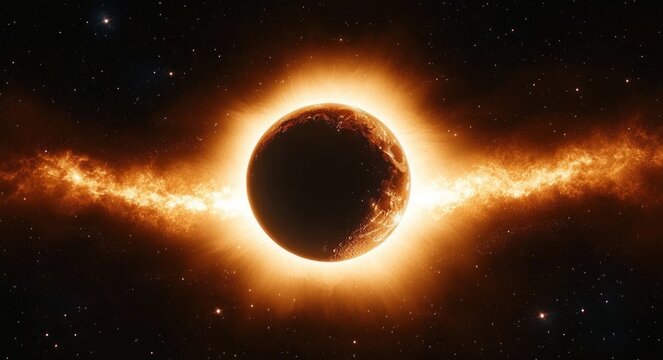 silhouetted planet surrounded by a fiery glowing corona and a horizontal glowing nebula band against a starfield, dramatic and otherworldly