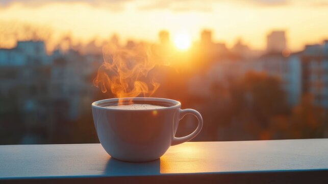 Steaming ceramic cup on balcony ledge at sunrise with warm golden city skyline glow, peaceful cozy morning atmosphere