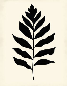 single black leaf silhouette with pinnate leaflets on a cream background, minimalist botanical composition conveying calm elegant simplicity