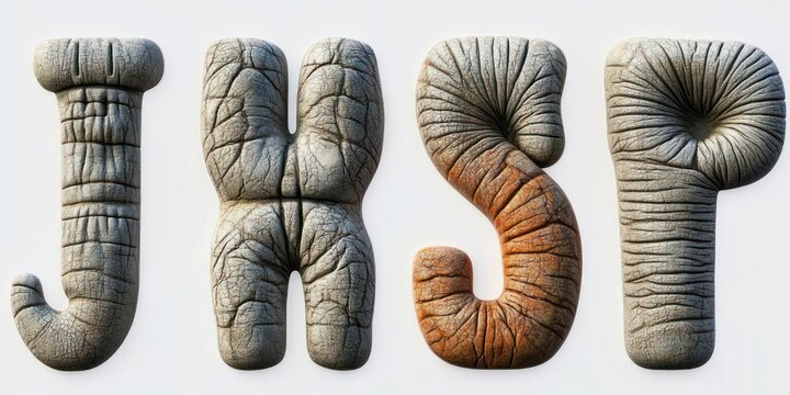 playful tactile 3d letterforms j h s p with cracked elephant-skin texture in weathered gray and brown, sculptural wrinkled organic typography on white background
