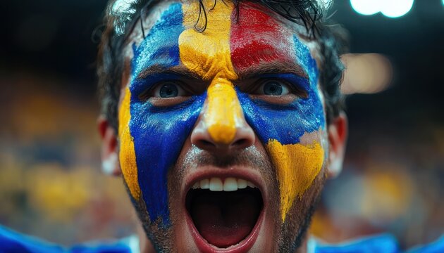 partially obscured close-up of person with blurred central face, short dark hair, blue shirt, stadium lights and cheering crowd conveying intense anticipation