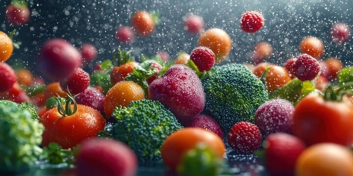 Vibrant fresh assortment of strawberries, raspberries, cherry tomatoes, broccoli and small orange fruits sparkling with dewy water droplets, bright, juicy and refreshing