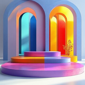 Colorful arched interior with layered circular stages, soft sunlight and shadows, vibrant pastel gradients and a small potted plant creating a playful dreamy atmosphere