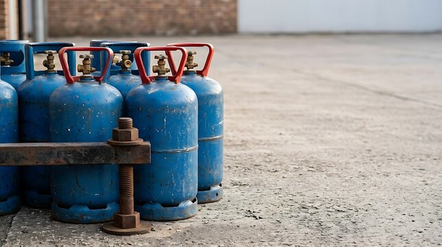 Rows of blue pressurized gas cylinders on a concrete floor