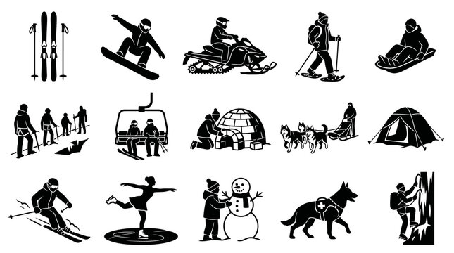 Winter Sports Icons Set - Snowboarding, Skiing, Snowmobile, Sledding, Ice Skating, Climbing, Dogsledding