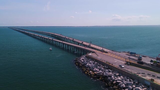 Chesapeake Bay Bridge Tunnel Aerial View, Parallel Highway Spans and Rock Island Jetty in Virginia