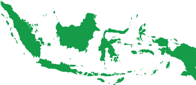Green silhouette map of the Indonesian archipelago on a white background, showcasing the country's vast island geography.