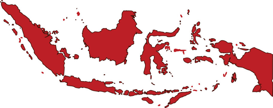 A red silhouette map illustrating the archipelago of Indonesia, showcasing its numerous islands and geographical spread.