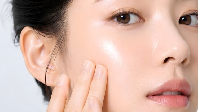 Asian Woman Gently Touching Smooth Glowing Cheek Skin with Fingers in Soft Light Showing Hydrated Natural Beauty and Korean Skincare Concept