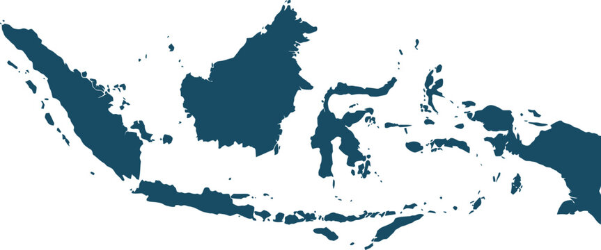 Detailed blue silhouette map of the Indonesian archipelago, showcasing its numerous islands and geographical spread.