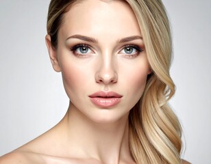 Close-up of a fair-skinned woman with blonde, wavy hair and light eyes