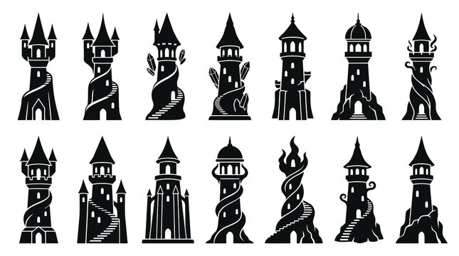 Fantasy Magic Towers Glyph Silhouette Vector Icons Set: Enchanted Castle, Wizard Fortress Architecture Symbols