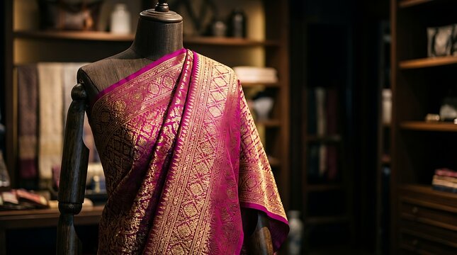 Elegant magenta silk saree with gold embroidery on a mannequin