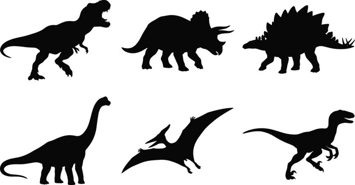 Dinosaur silhouette set prehistoric animals T rex triceratops stegosaurus black vector collection