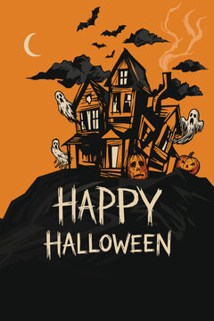 Happy Halloween celebration vertical poster with silhouette haunted mansion at the hill and orange background have blank space.