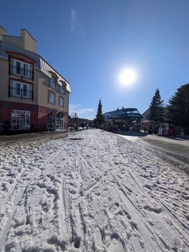 Mont-Tremblant village. Streets with beautiful old architecture and recreational parks. Mont-Tremblant ski resort, Quebec, Canada 